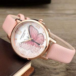 Womens Pink Butterfly  Rhinestone Watch